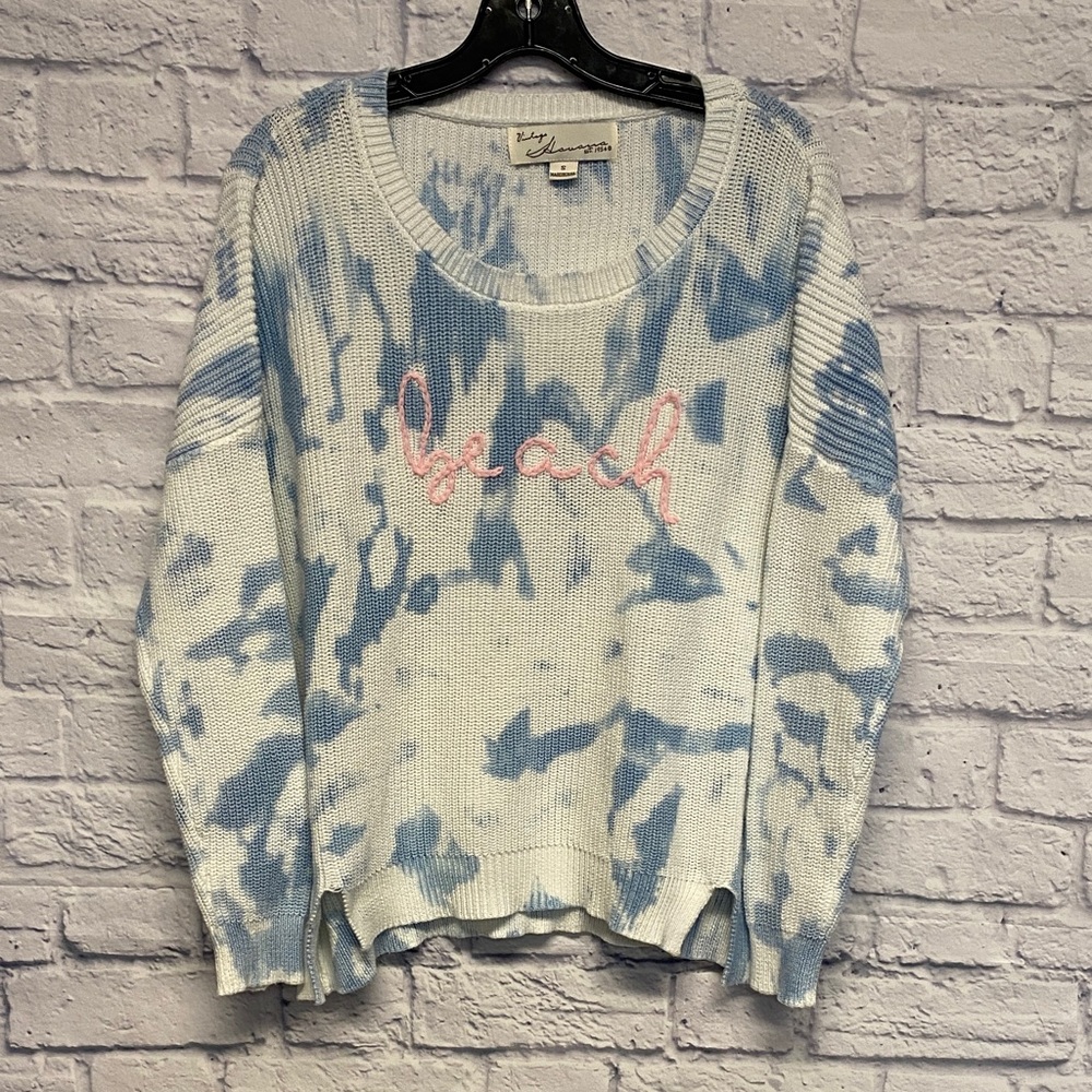 Vintage Havana blue and white tie-dye "beach" embroidered sweater Size Small